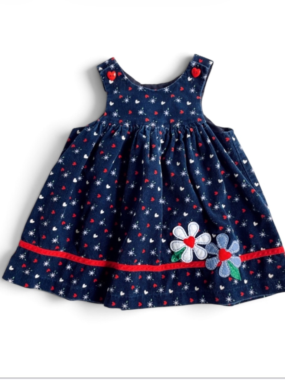 VINTAGE Y2K 90s Dress Jumper Romper Skirt Navy Cotton Corduroy Floral Appliqué